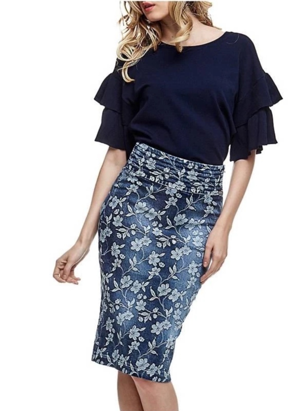 Guess Pencil Skirt Side Zip Silver Hardware Blue Floral Stretch Denim Fitted 27